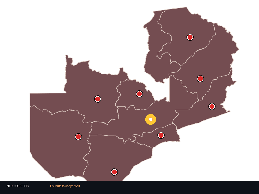 Animated delivery map — routes from Lusaka to all provinces